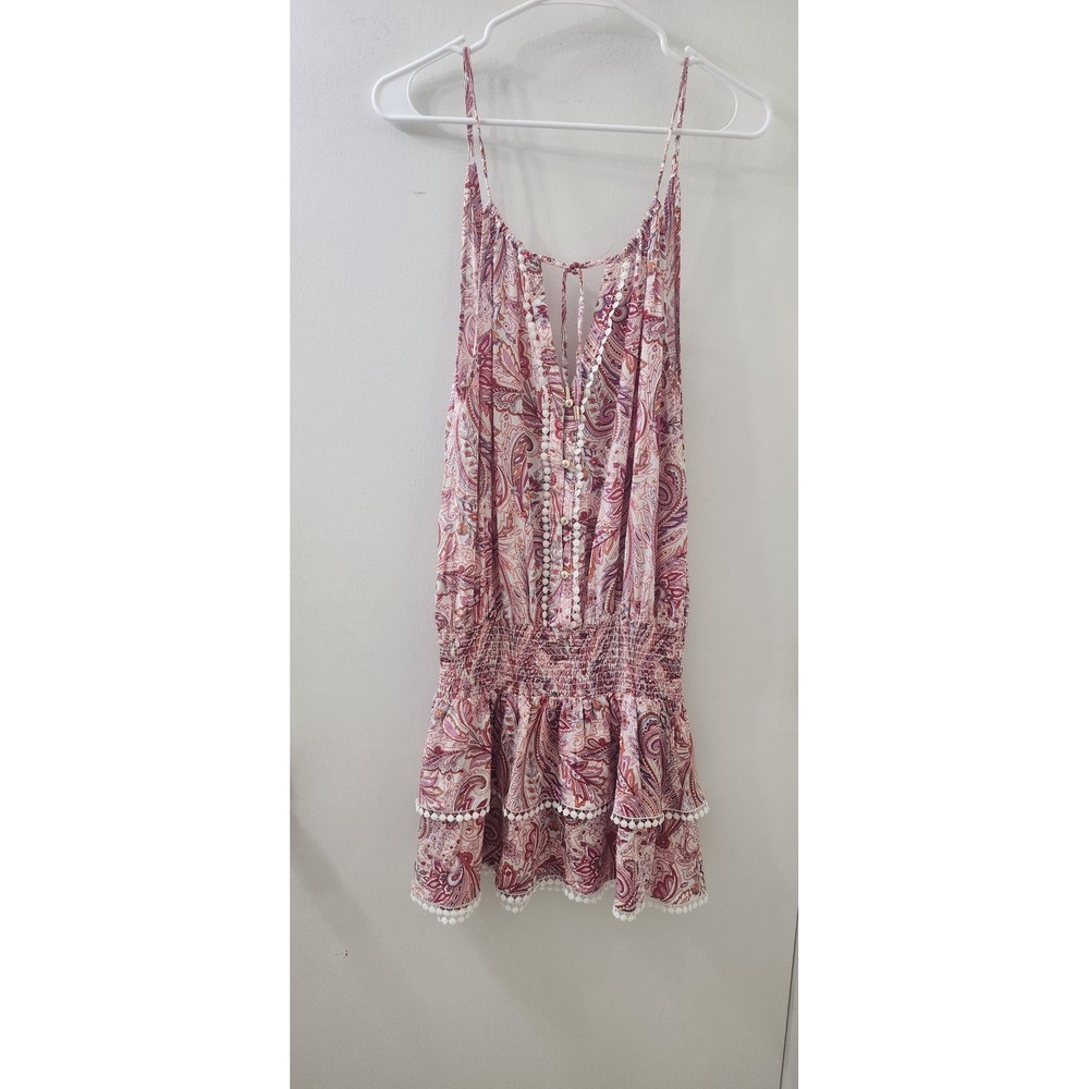Melissa‎ Odabash Paisley Mini Dress Pink Orange Smocked Pom Pom Trim Womens M